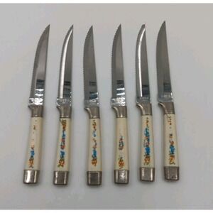 6 VTG Steak Knives Plastic Handle Blue Bird Orange Stainless